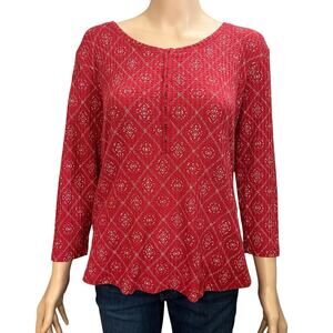 Aventura Thermal Henley Tshirt XL Diamond Print Hook And Eye Boho 3/4 Sleeve Red